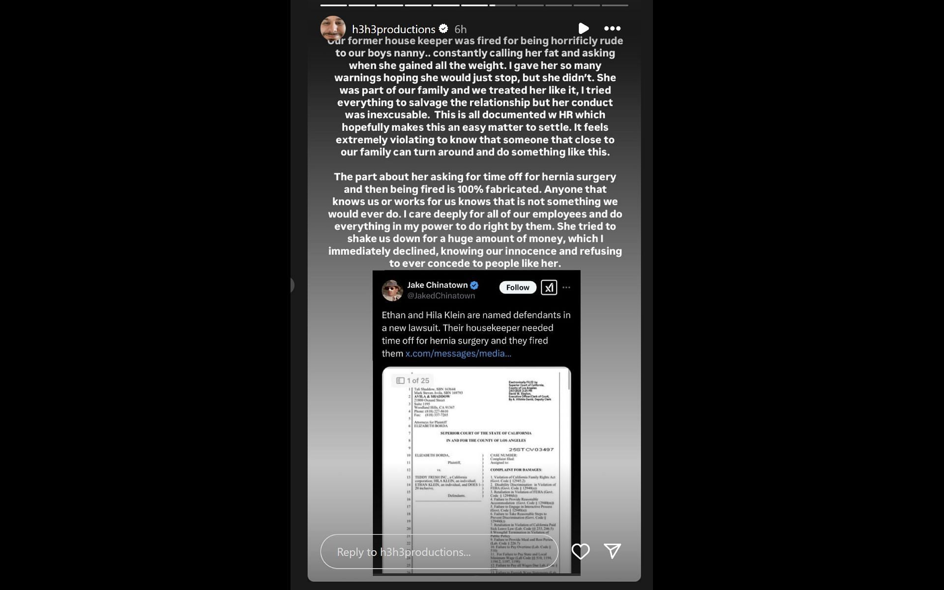 Ethan Klein&#039;s Instagram story, in which he responded to the lawsuit (Image via @h3h3productions/Instagram)