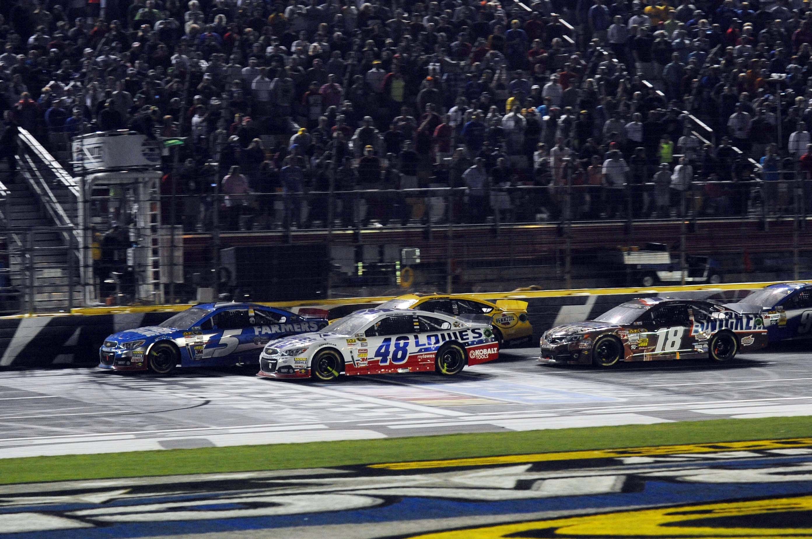 Kasey Kahne (5), Jimmie Johnson (48), and Kyle Busch (18) in the 2013 All-Star race at Charlotte - Source: Imagn