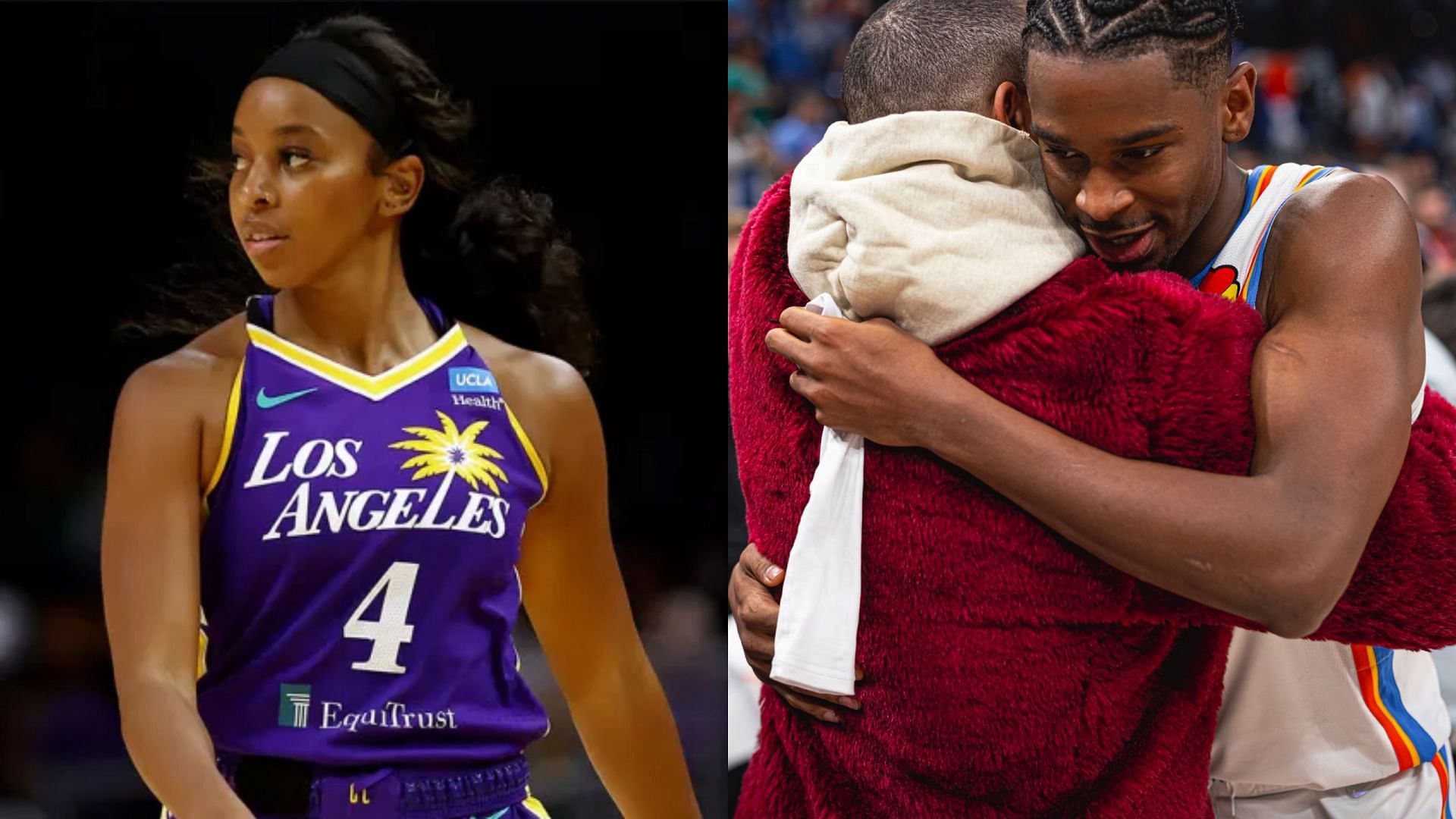 Lexie Brown (left) and Drake and Shai Gilgeous-Alexander (right) after a Thunder vs. Raptors game in 2021 - Source: Getty Images/X