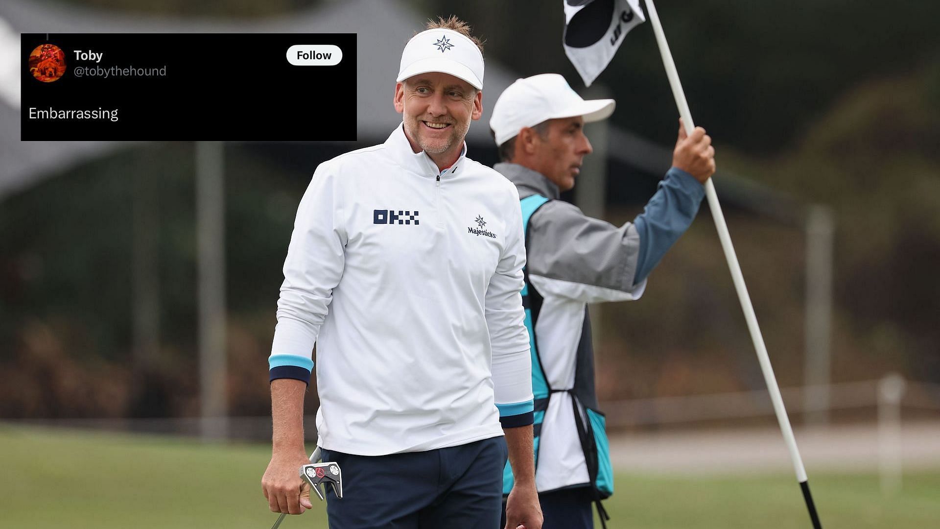 Fans react to Ian Poulter&rsquo;s dance to LIV Golf&rsquo;s latest announcement for UK. Image via Getty Images and Twitter