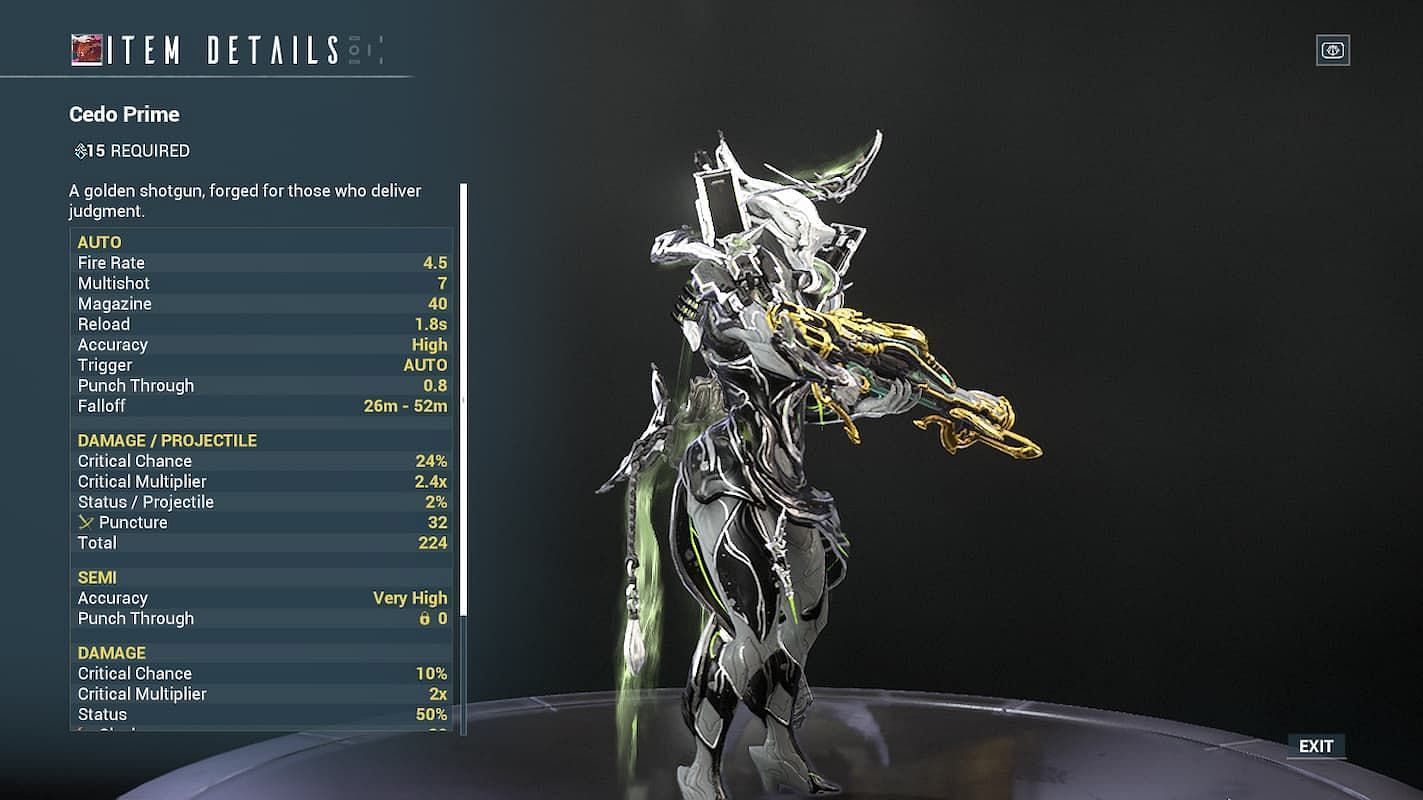 Cedo Prime stats in Warframe (Image via Digital Extremes)