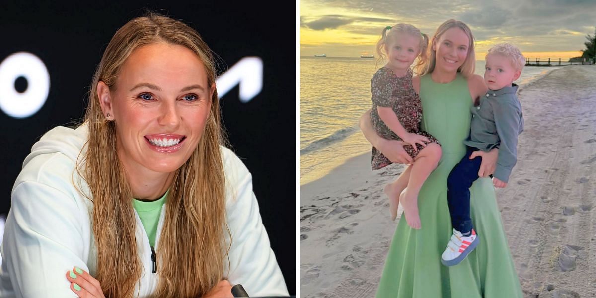 Caroline Wozniacki (L) with her daughter Olivia and son James (R) [Image Source: Getty Images, Instagram/@carowozniacki]