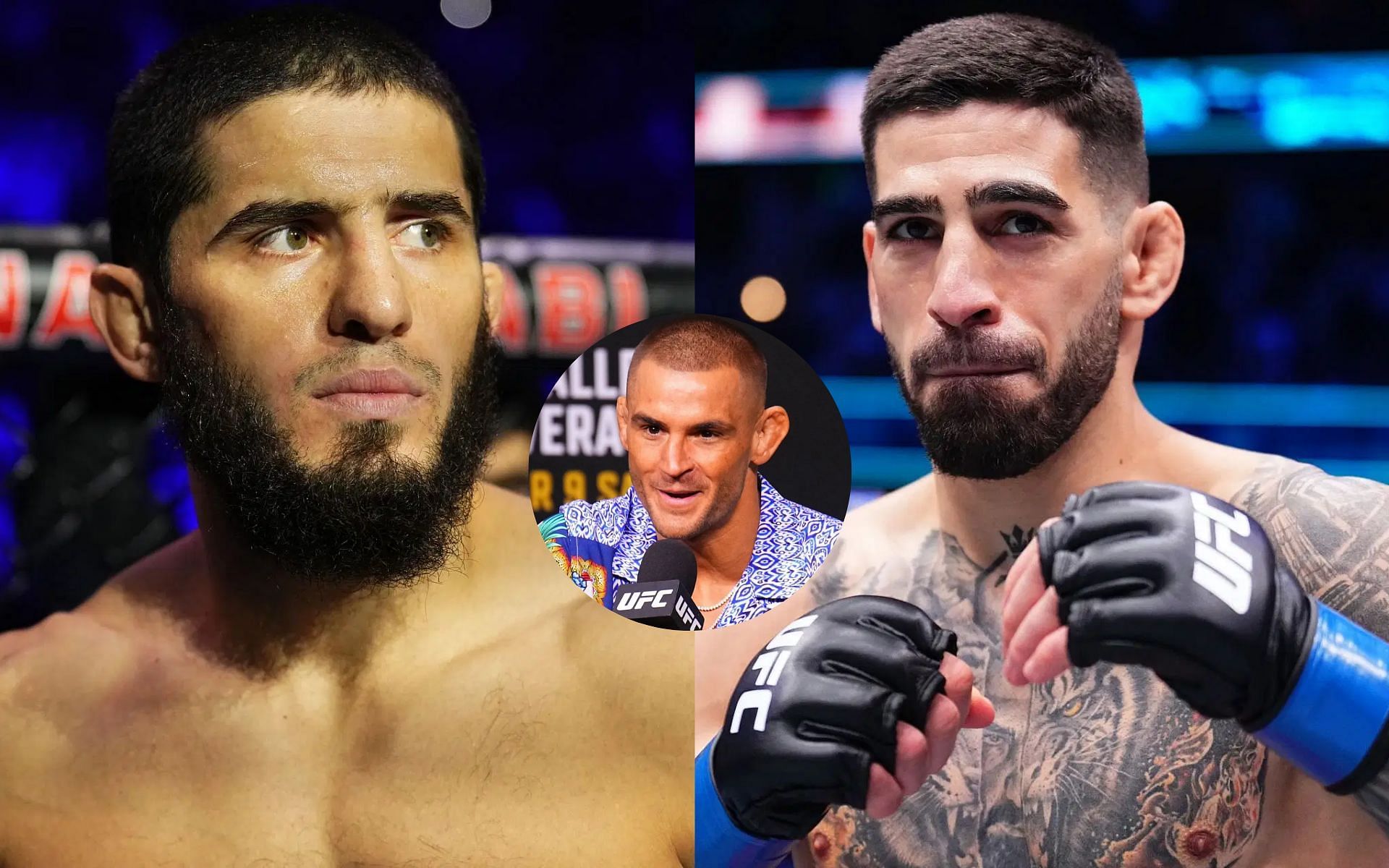 Dustin Poirier (middle) breaks down the key points in Islam Makhachev (left) vs. Ilia Topuria (right) potential clash [Images courtesy: Getty Images]