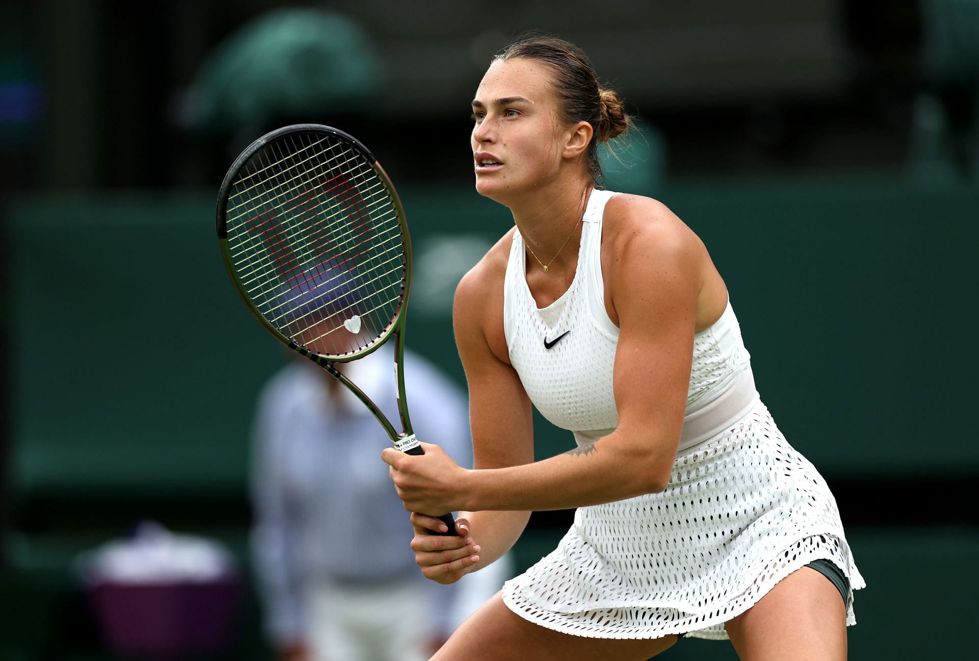 Aryna Sabalenka in her custom white schiffli Nike kit for the Wimbledon 2023 - Source: Getty