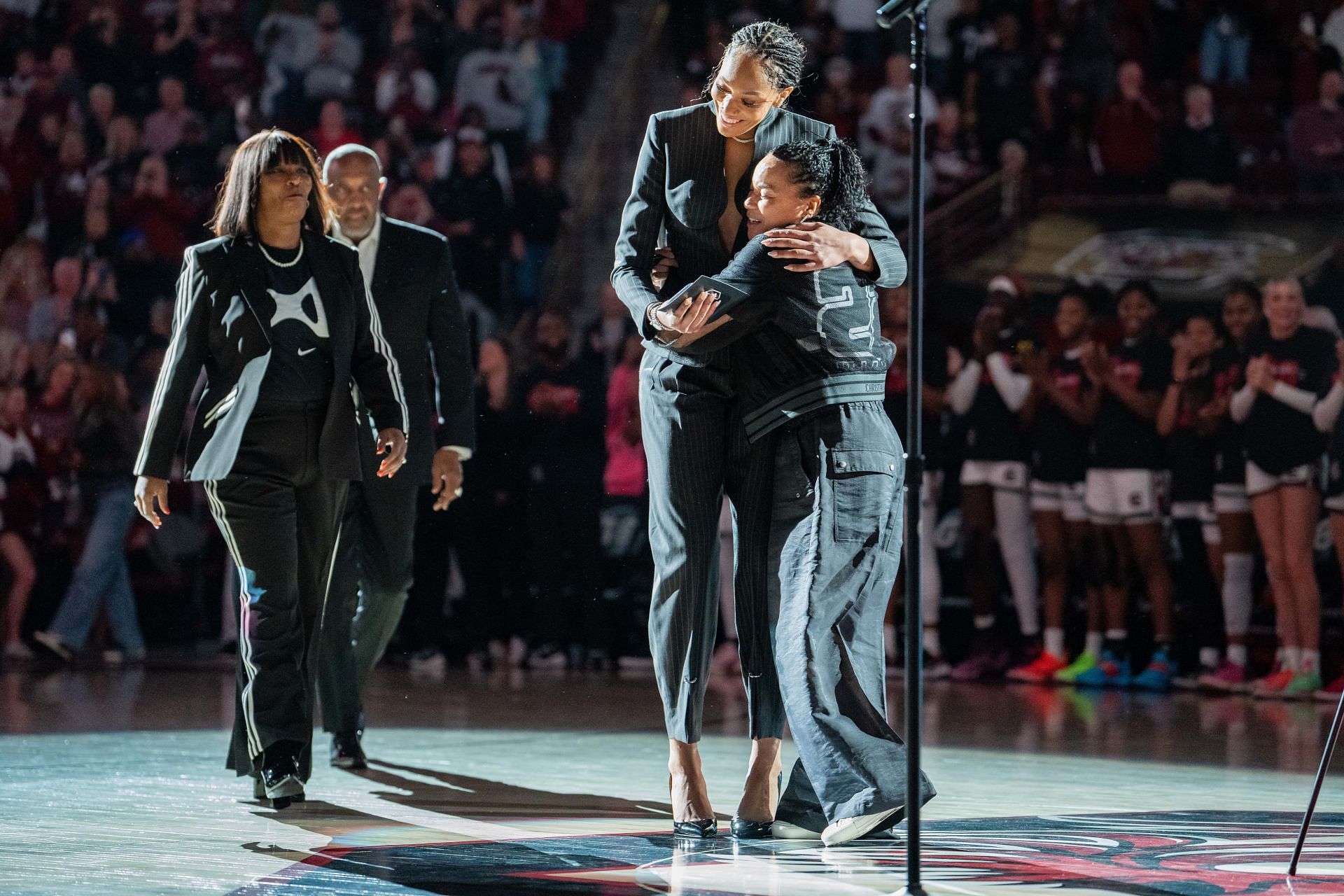 Former South Carolina player A&#039;ja Wilson hugs head coach Dawn Staley before her jersey retirement ceremony at Colonial Life Arena on February 02, 2025 in Columbia, South Carolina. Photo: Getty