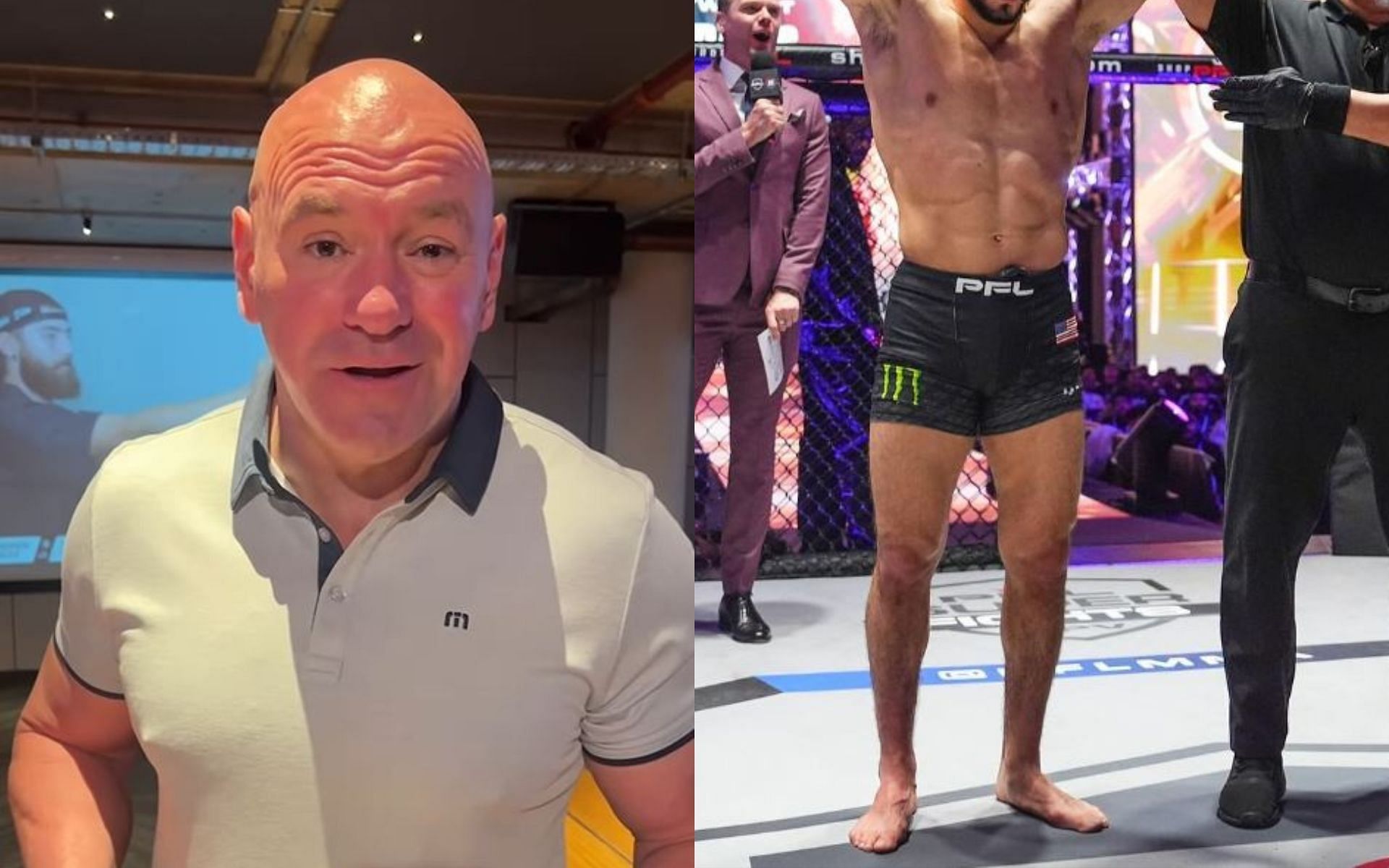 UFC president Dana White (left) expressed interest in signing new free agent from PFL (right). [Image credit: @danawhite, @aaronpicousa on Instagram]