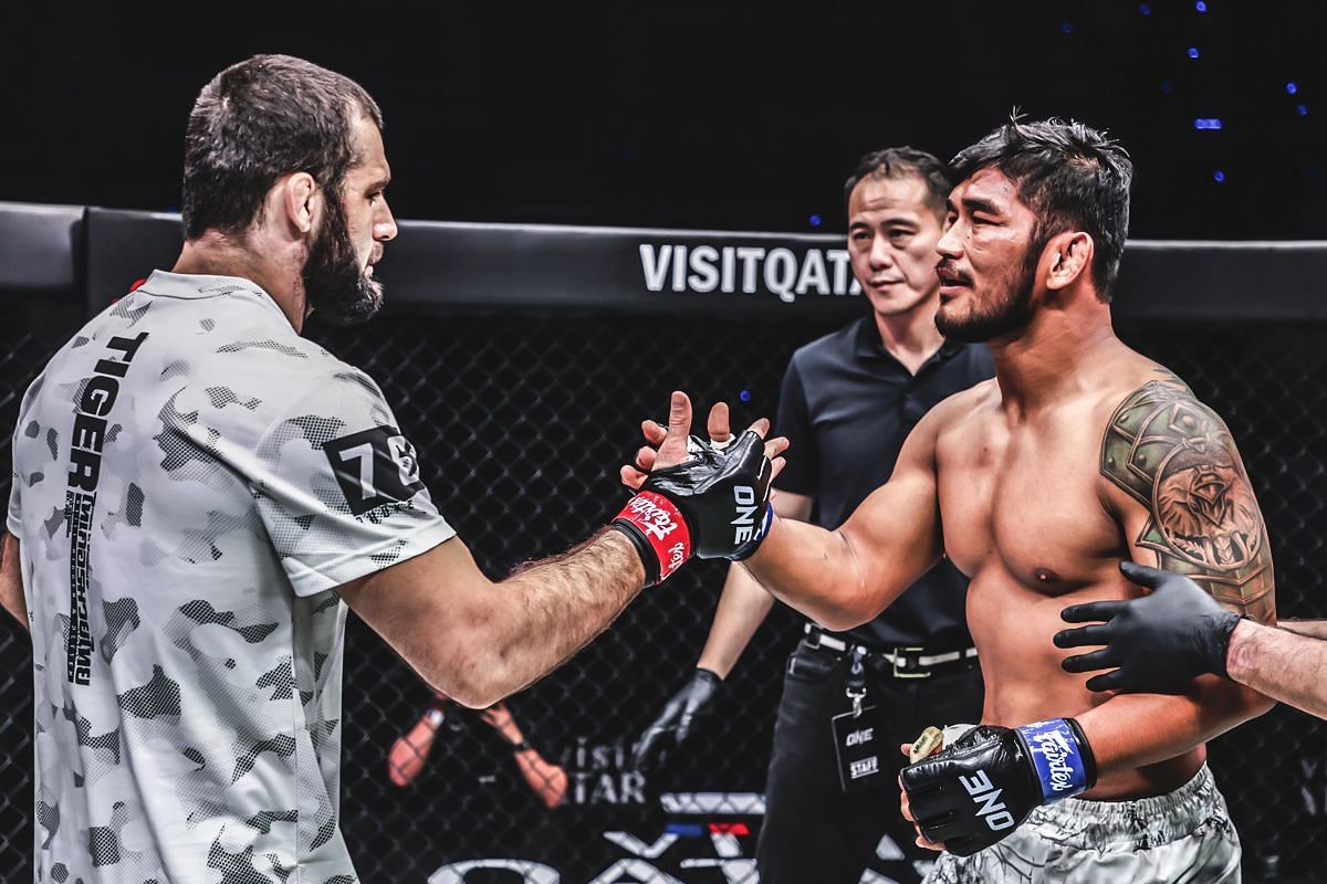 Aung La N Sang (right) congratulates Shamil Erdogan (left) for his big win at ONE 171. [Photo via: ONE Championship]