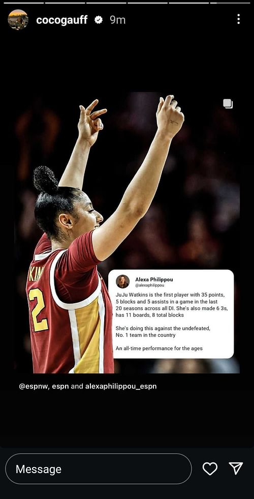 Gauff's Instagram Story endorsing Watkins' display for USC against UCLA (Source: Instagram/Coco Gauff)