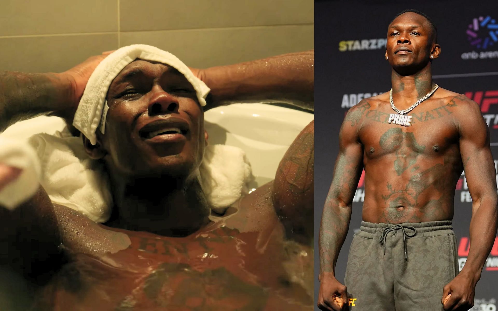 Israel Adesanya (right) shares footage of him being brought to tears while cutting weight (left) ahead of UFC Saudi Arabia [Images courtesy: Getty Images, @freestylebender on YouTube]