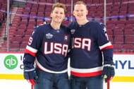 Matthew Tkachuk #19 (left) and <a href='https://www.sportskeeda.com/us/nhl/brady-tkachuk' target='_blank' rel='noopener noreferrer'>Brady Tkachuk</a> #7 (right) of Team United States pose for the 2025 NHL 4 Nations Face-Off Media Day. (Credits: Getty)