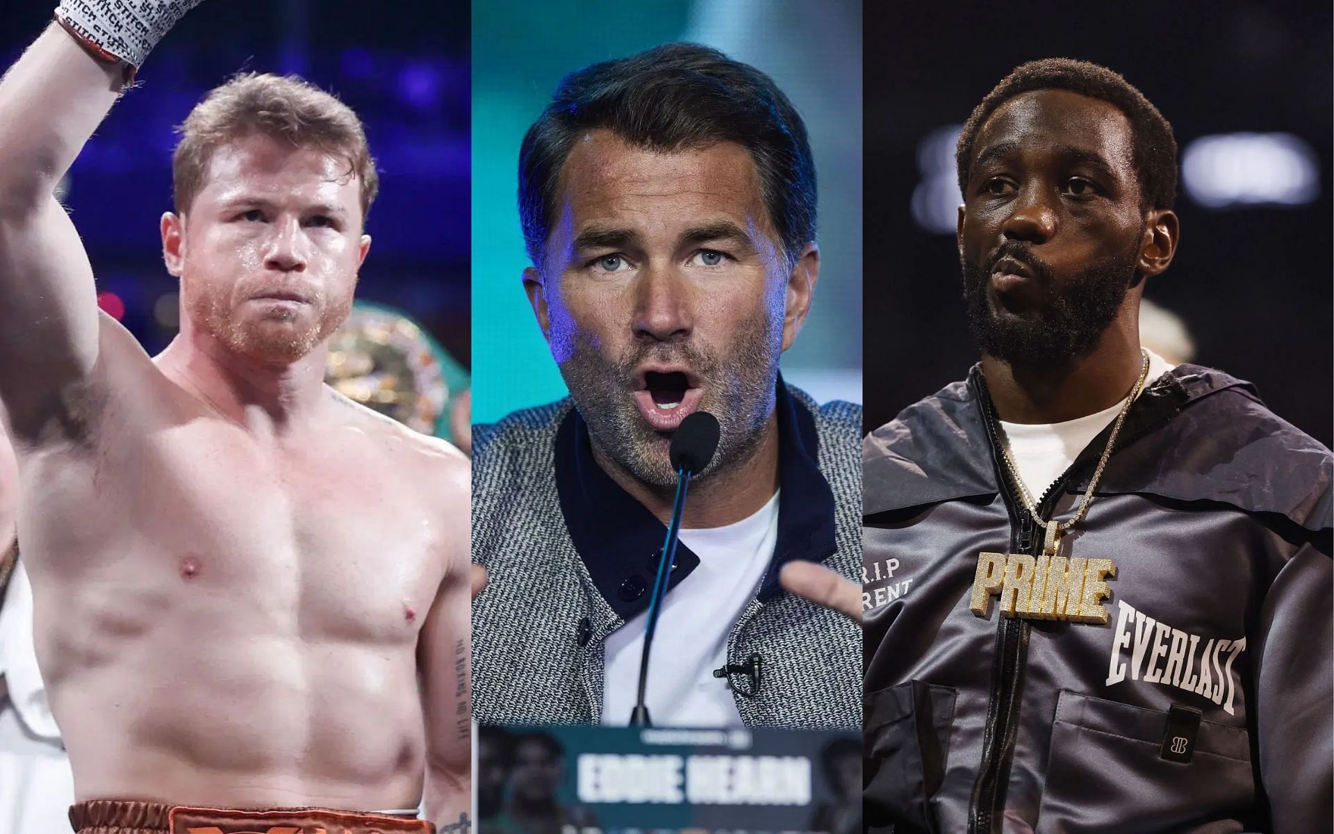 Eddie Hearn (middle) believes Canelo Alvarez (left) versus Terence Crawford (right) will produce a KO stoppage [Images courtesy: Getty Images]