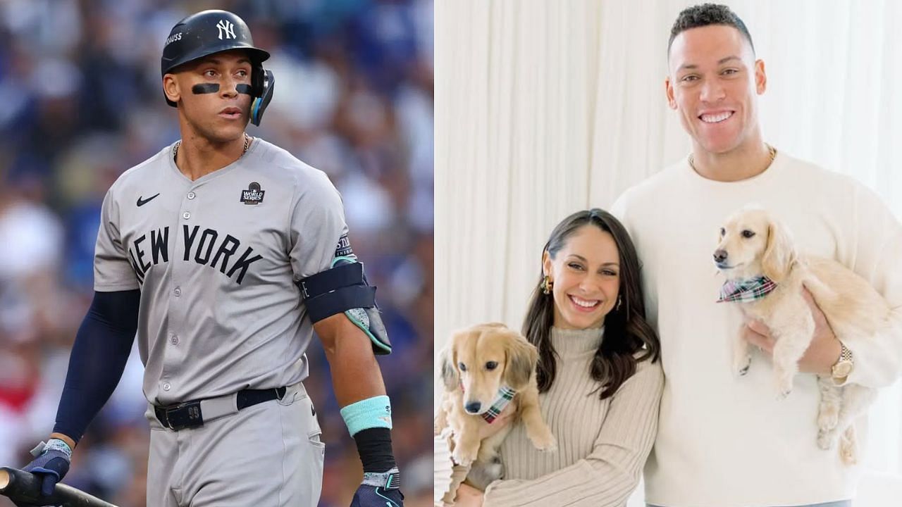 Aaron Judge with his wife Samantha and dogs Gus and Penny (Images from - Getty, Instagram.com/@thejudge44)