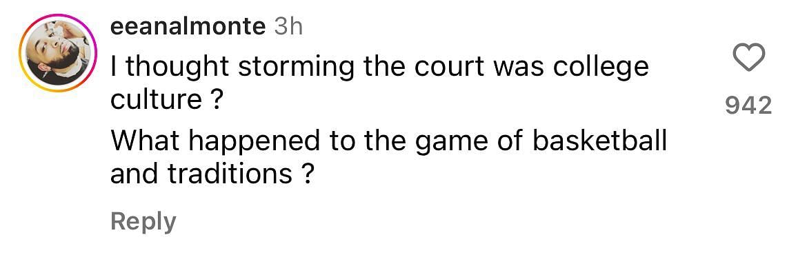 Another comment argues that court storming is part of college culture (image credit: instagram/espn)