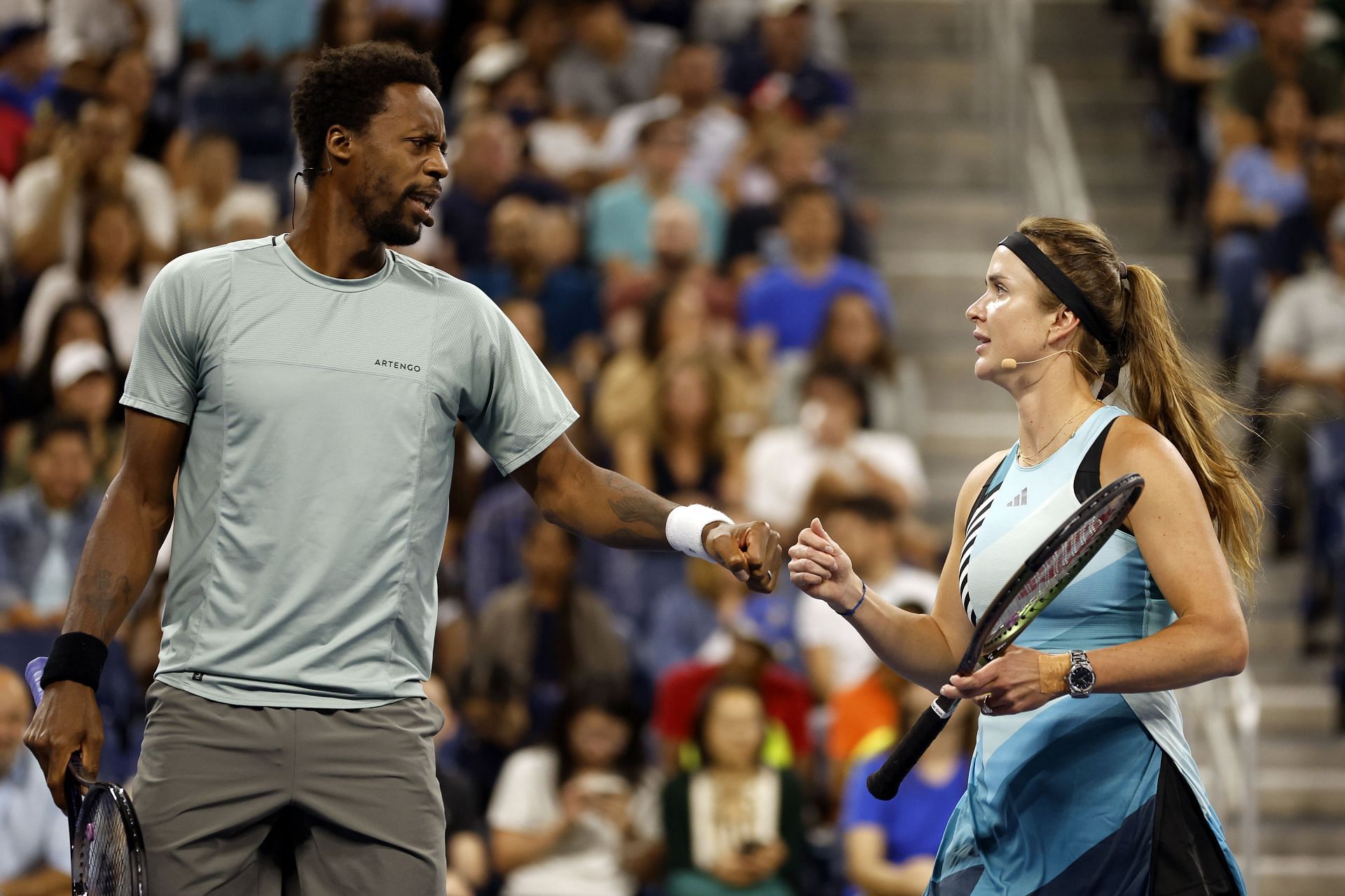 Gael Monfils(left) and wife Elina Svitolina(right) at the 2023 US Open - Stars of the Open Exhibition Match to Benefit Ukraine Relief. Image: Getty