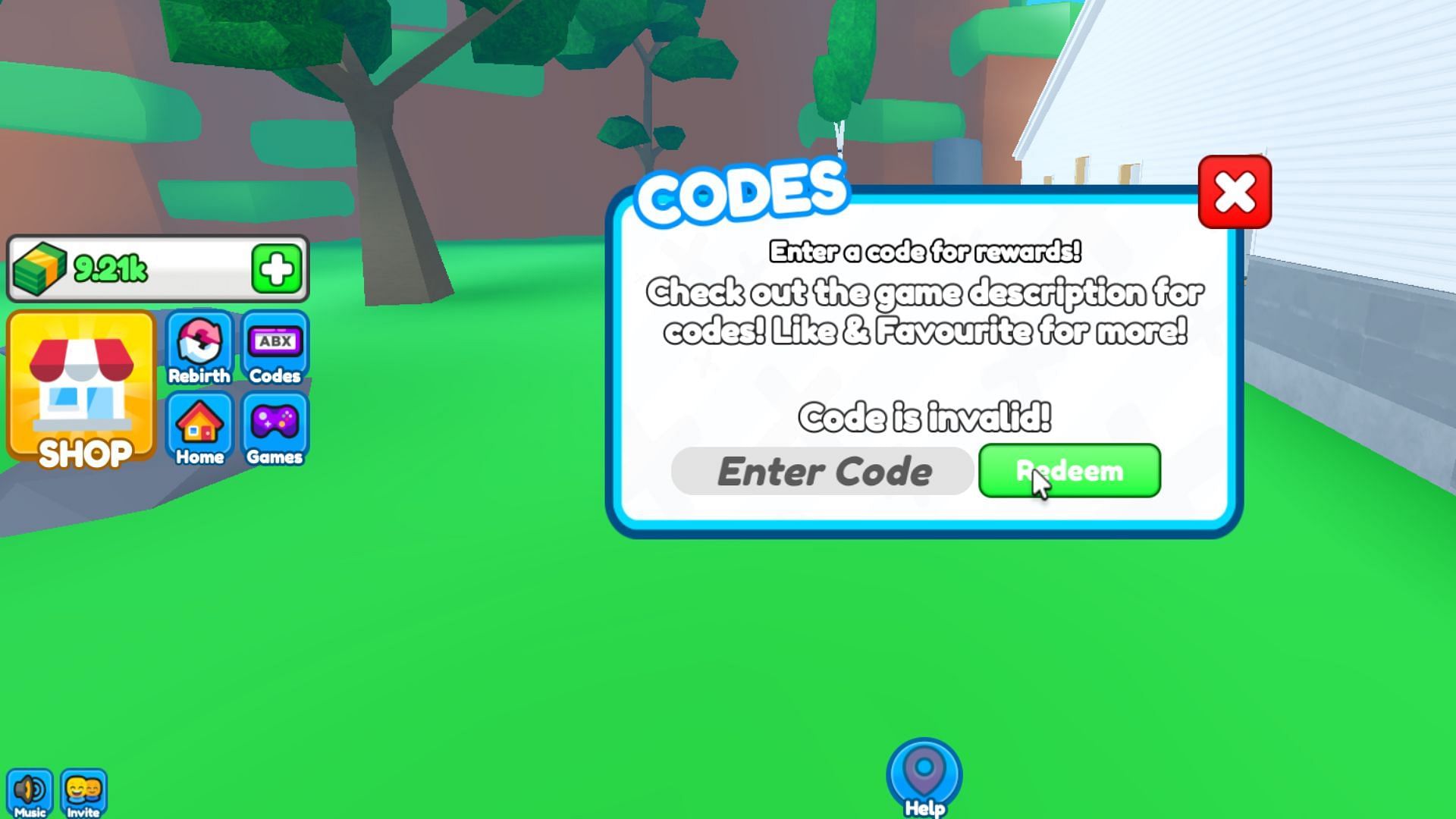 &quot;Code is Invalid!&quot; error in House Construction Tycoon (Image via Roblox)