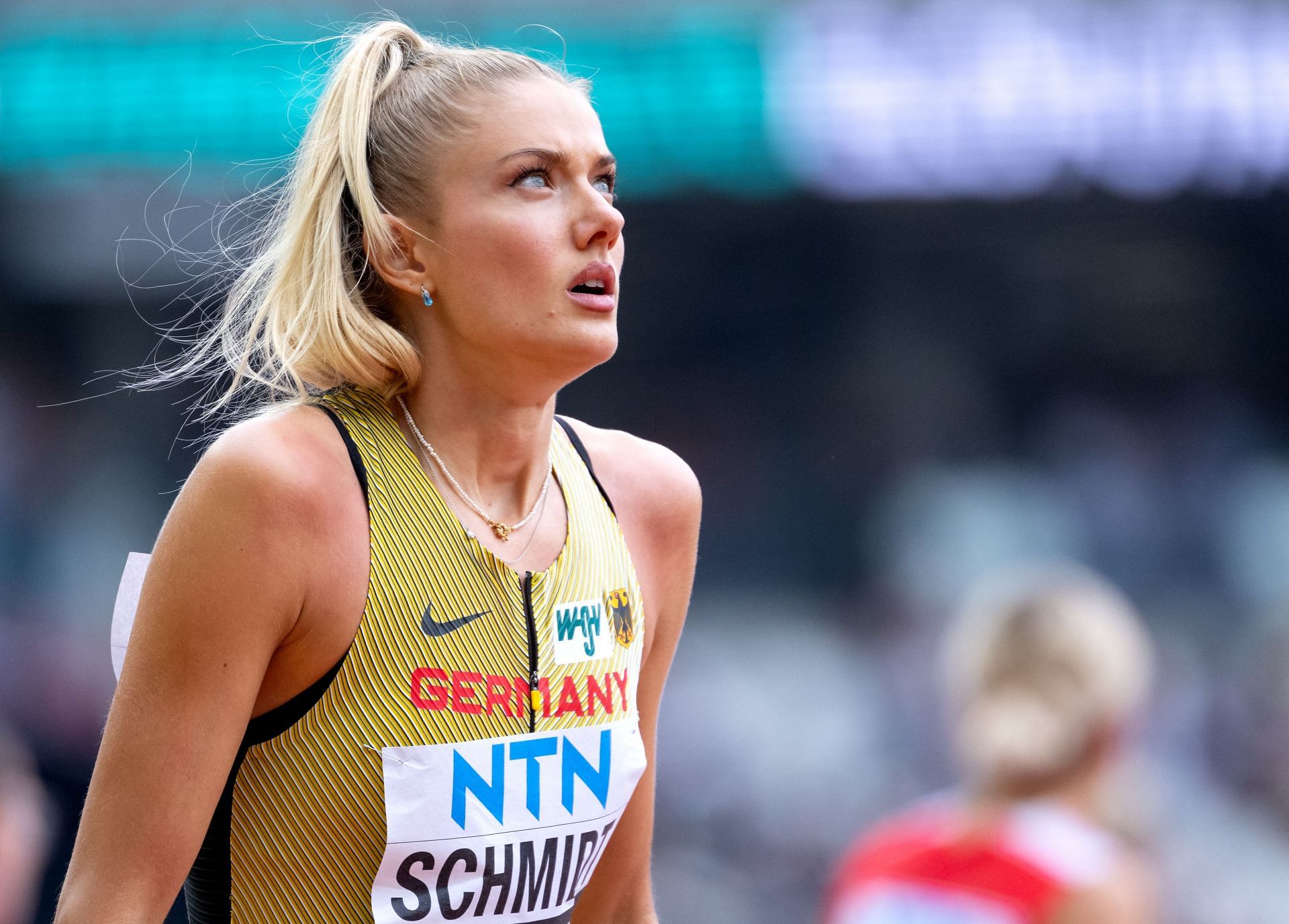 Alica Schmidt after running the Mixed 4x400m relay during the 2023 World Championships in Budapest (Image via: Getty Images)