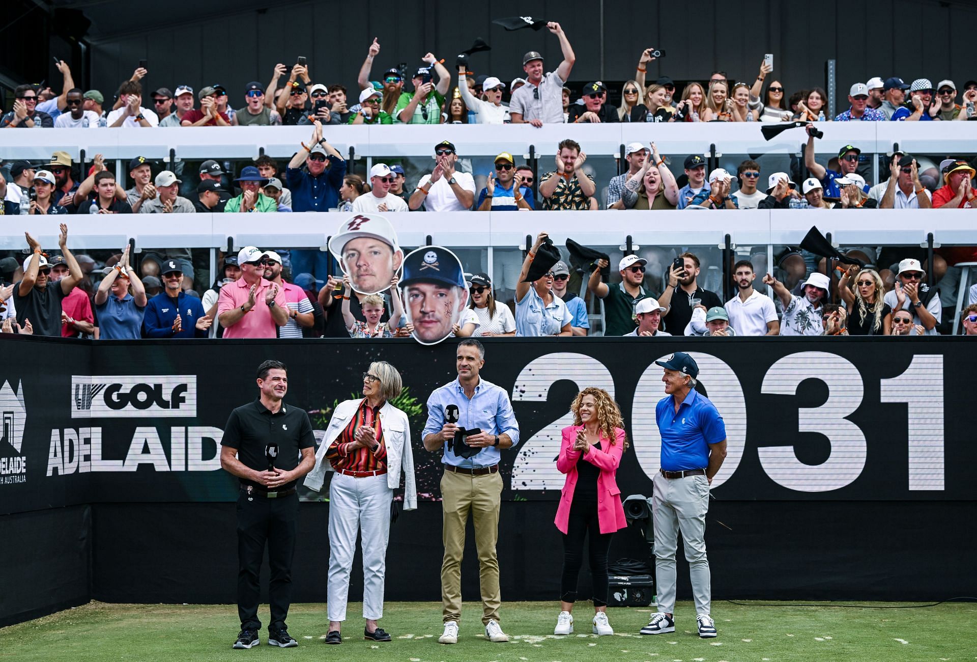 Scott O&#039;Neil CEO of LIV Golf , Jane Lomax-Smith AM, Lord Mayor of Adelaide , Premier of South Australia Peter Malinauskas and Greg Norman announce LIV to stay in Adelaide to 2031 (Photo by Mark Brake/Getty Images)