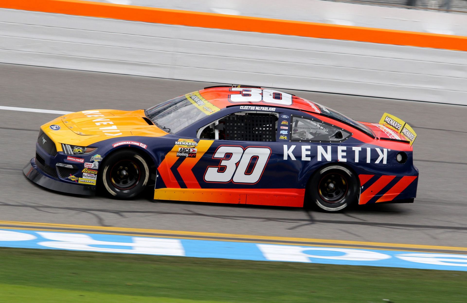 Garrett Mitchell (#30 Kenetix Ford), aka Cleetus McFarland enters into the tri-oval during practice for the ARCA Menards Series Chilli&#039;s Ride the Dente 200 on February 14, 2025, at Daytona International Speedway - Source: Getty