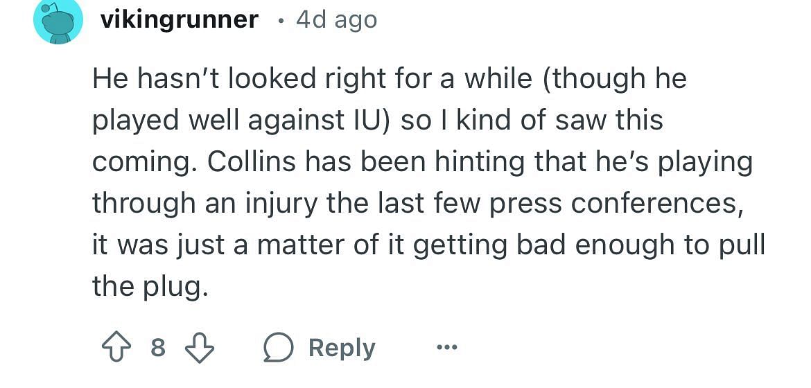 A Reddit user shares that they saw the end of Brooks Barnhizer&#039;s season coming.