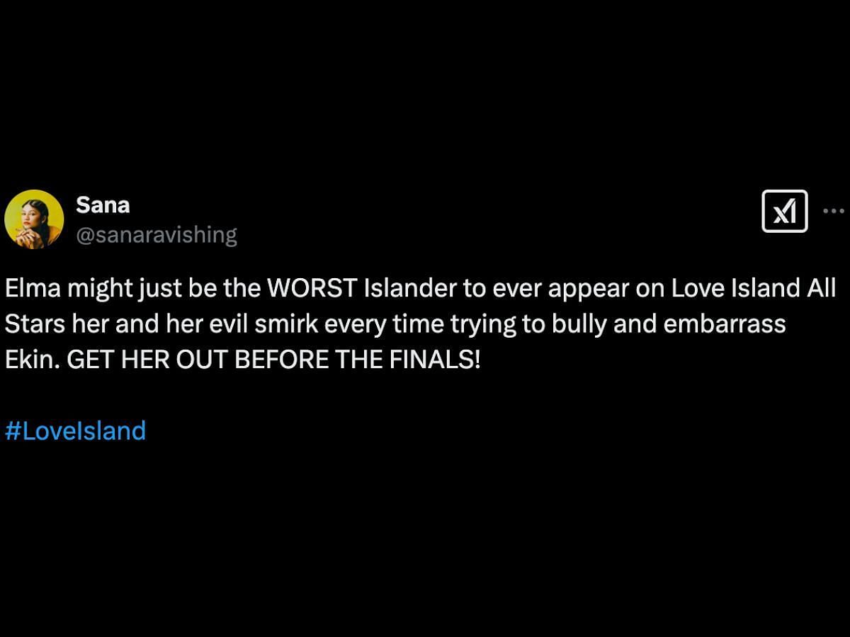 Love Island: All Stars fans criticize Elma (Image via X/ @sanaravishing)