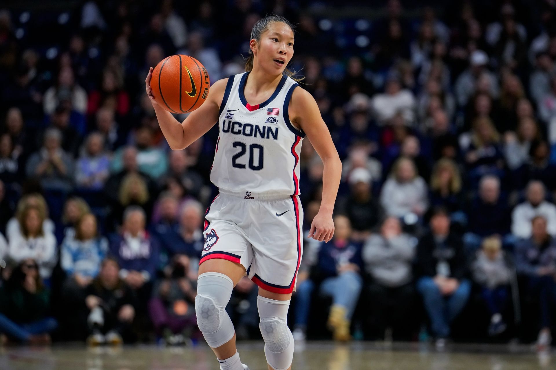 Kaitlyn Chen (#20) of the UConn Huskies plays against the St. John&#039;s Red Storm during the first half of their NCAA women&#039;s basketball game at the Harry A. Gampel Pavilion on February 12, 2025 in Storrs, Connecticut. Photo: Getty