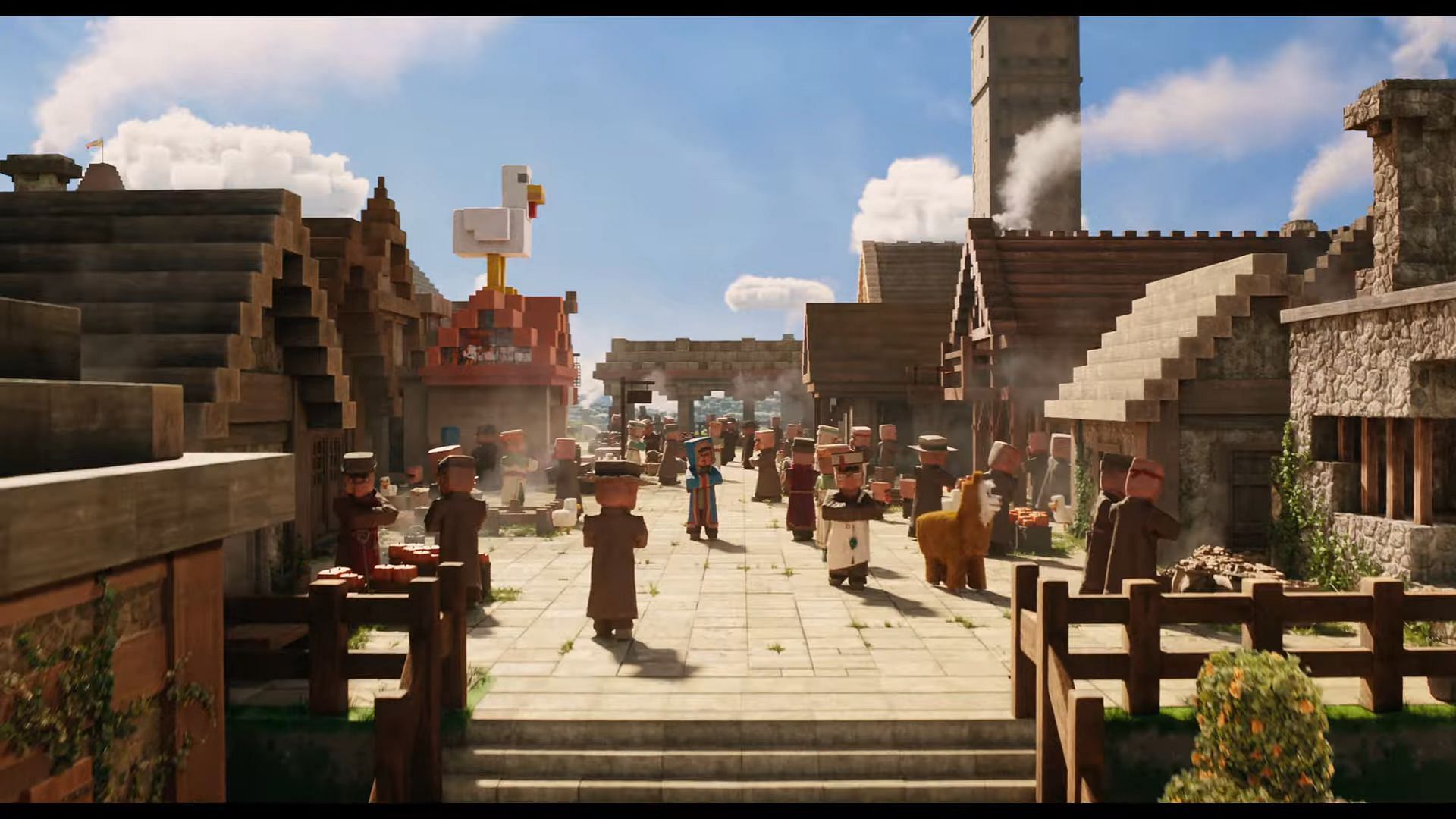 The village seen in the A Minecraft Movie final trailer (Image via Warner Bros. Pictures)