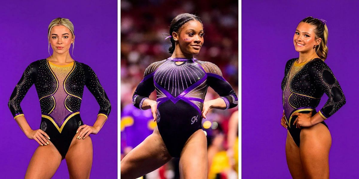 Olivia Dunne (L), Lexi Zeiss (R) and other LSU gymnasts react to Kaliya Lincoln (C)