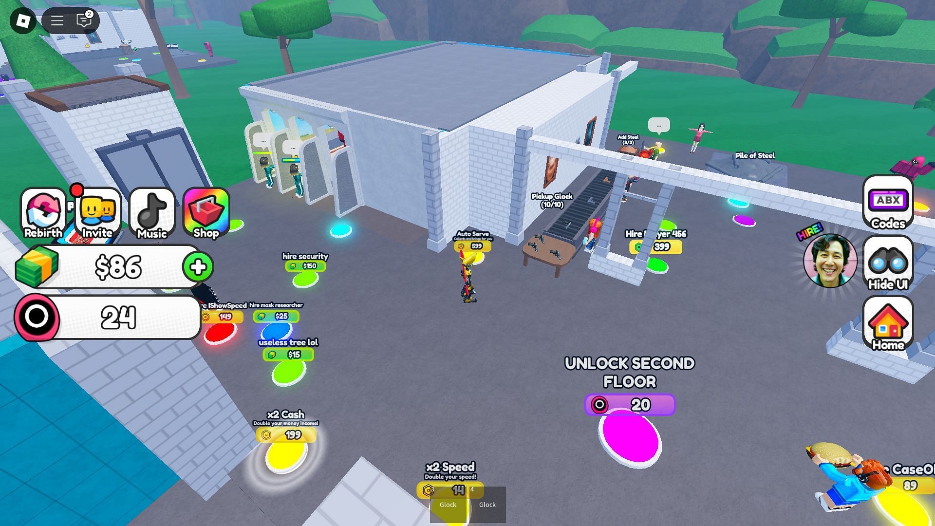 Stand on the buttons to build or upgrade your tycoon (Image via Roblox)