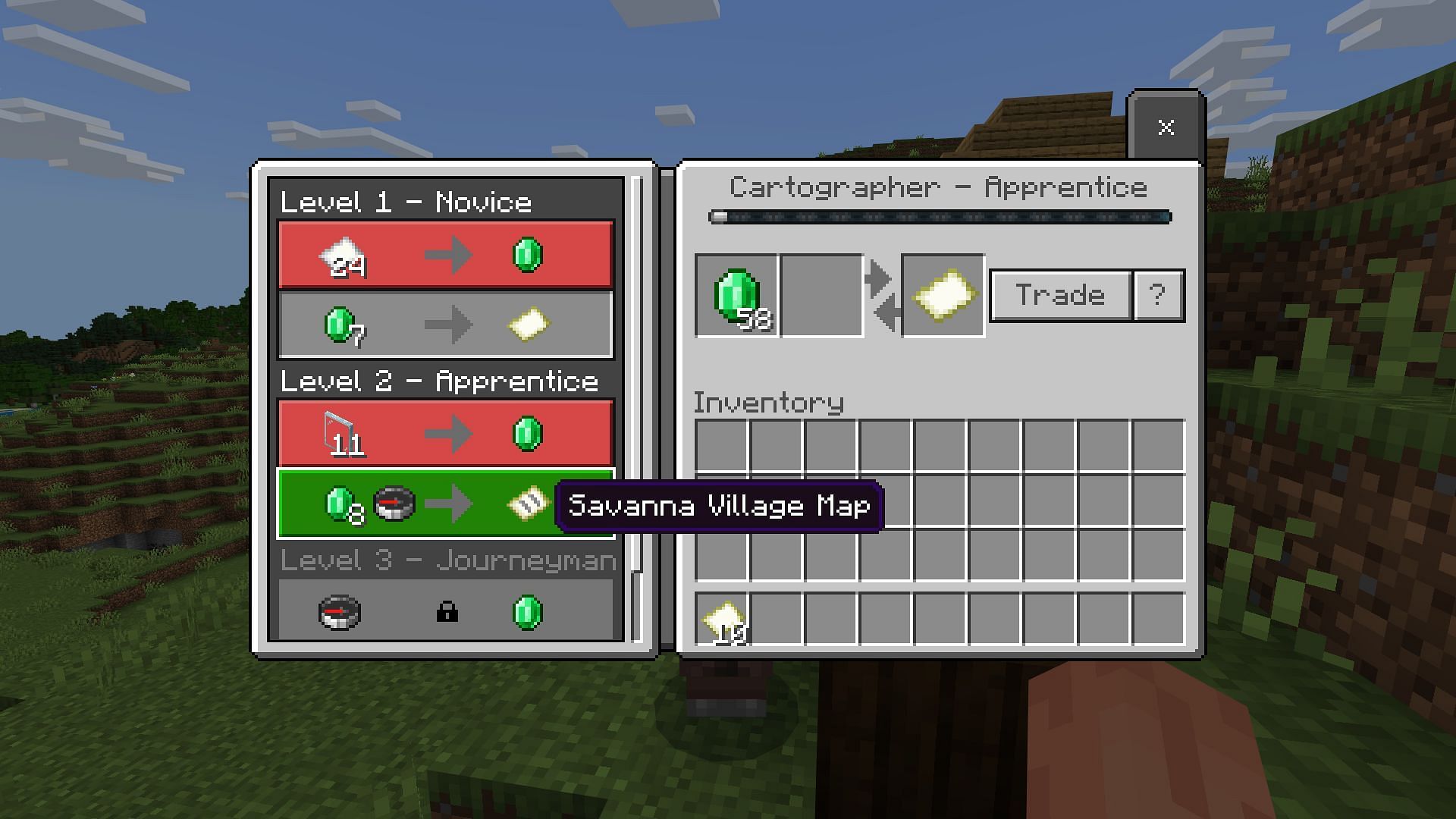 Interact with the cartographer to purchase village maps in Minecraft (Image via Sportskeeda Gaming/Mojang Studios)