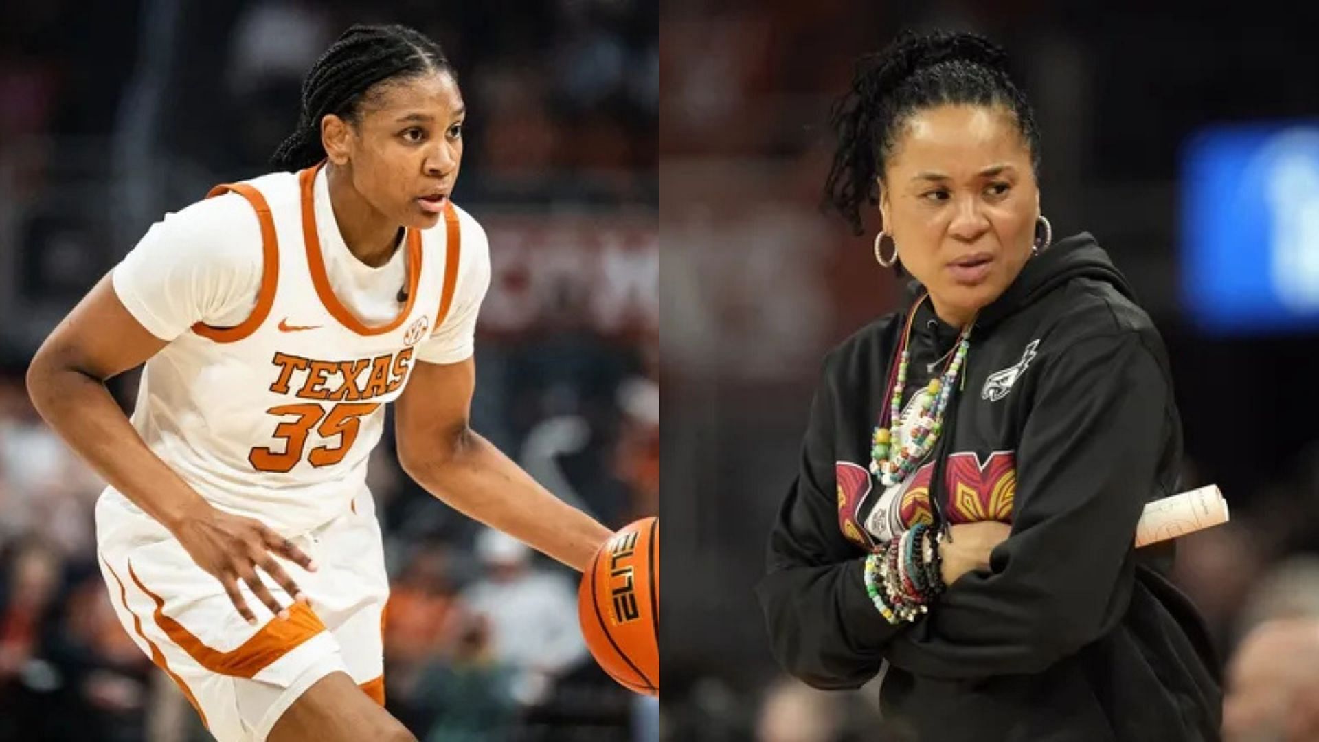 Texas star Madison Booker and South Carolina head coach Dawn Staley. Source: Imagn