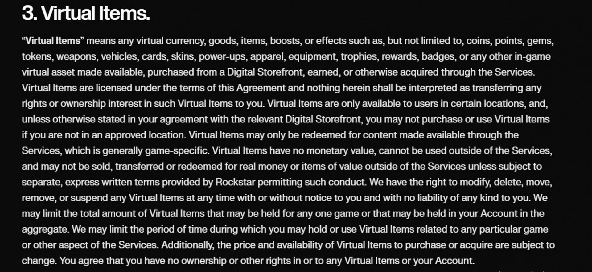 Virtual Items section from Rockstar&#039;s Legal page (Image via Rockstar Games)