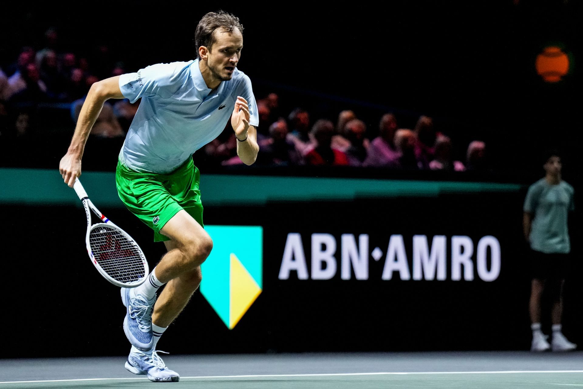 Daniil Medvedev sprints to return a shot against Mattia Bellucci at the 2025 ABN AMRO Open (Source: Getty)