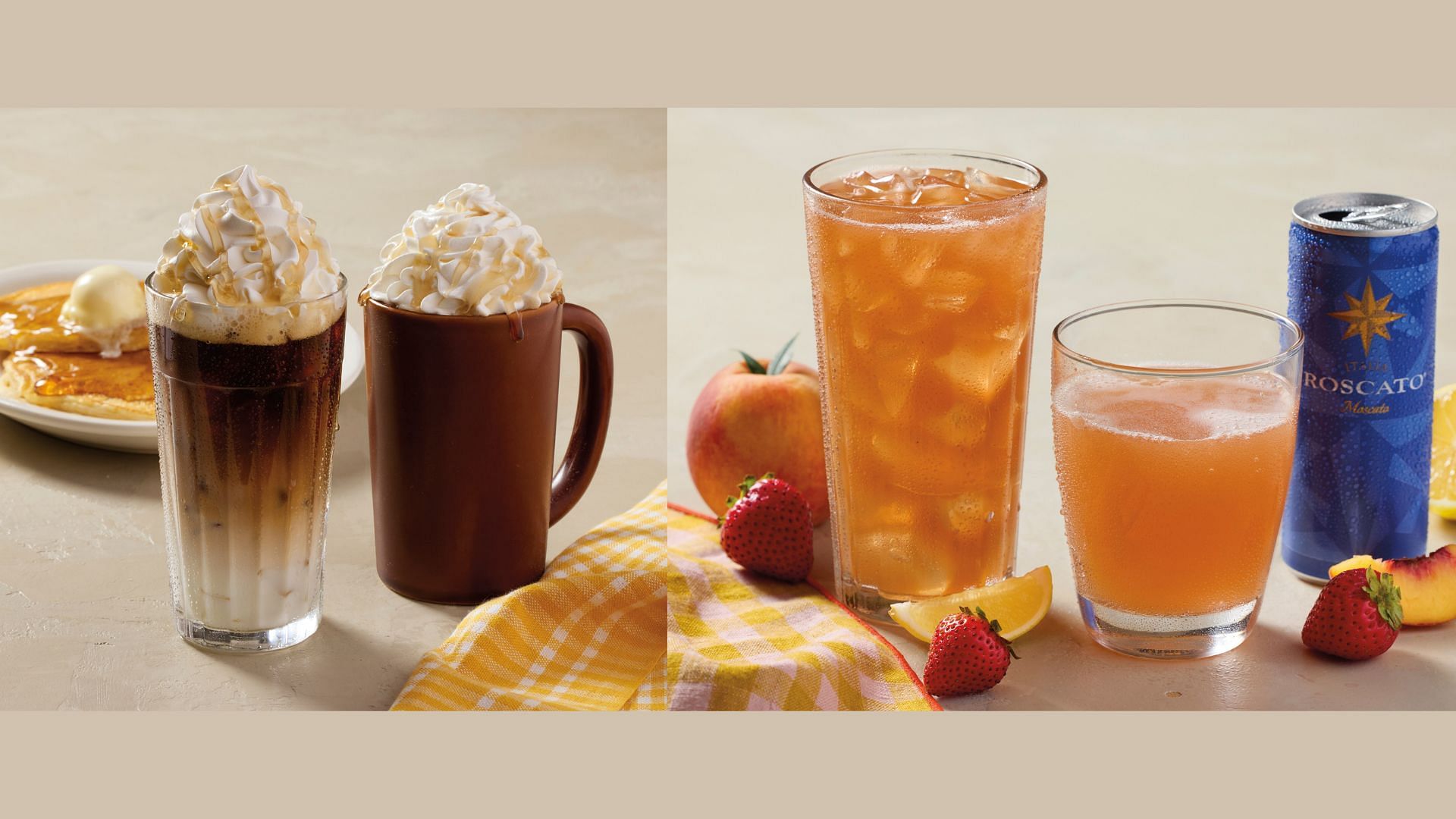 Pancake Latte &amp; Strawberry Peach Lemonade and Spritzer (Image via Cracker Barrel)