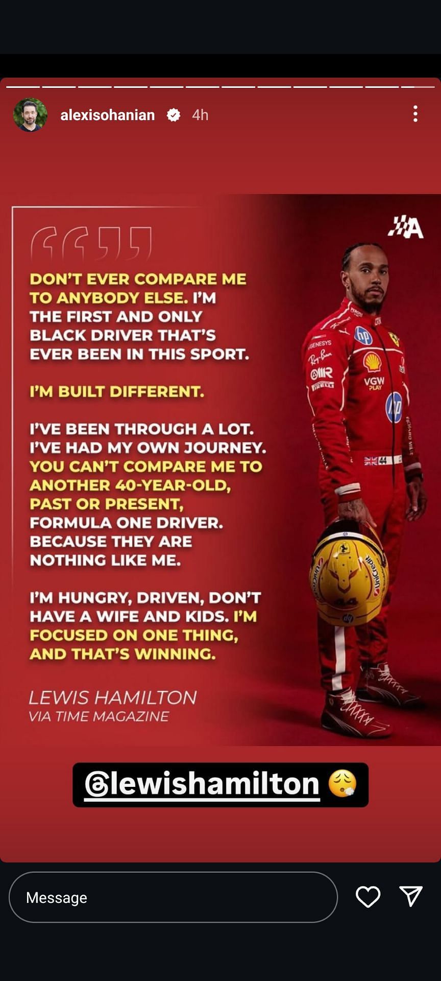 Alexis Ohanian&#039;s Instagram Story dated February 28, 2025, featuring Lewis Hamilton&#039;s profound message (Source: Instagram/alexisohanian)