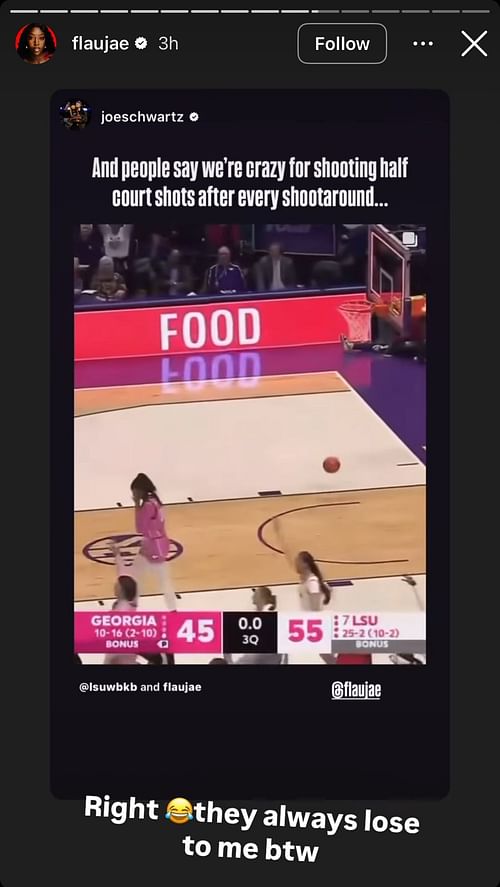 Flau'jae Johnson shares her half-court buzzer-beater shot on IG