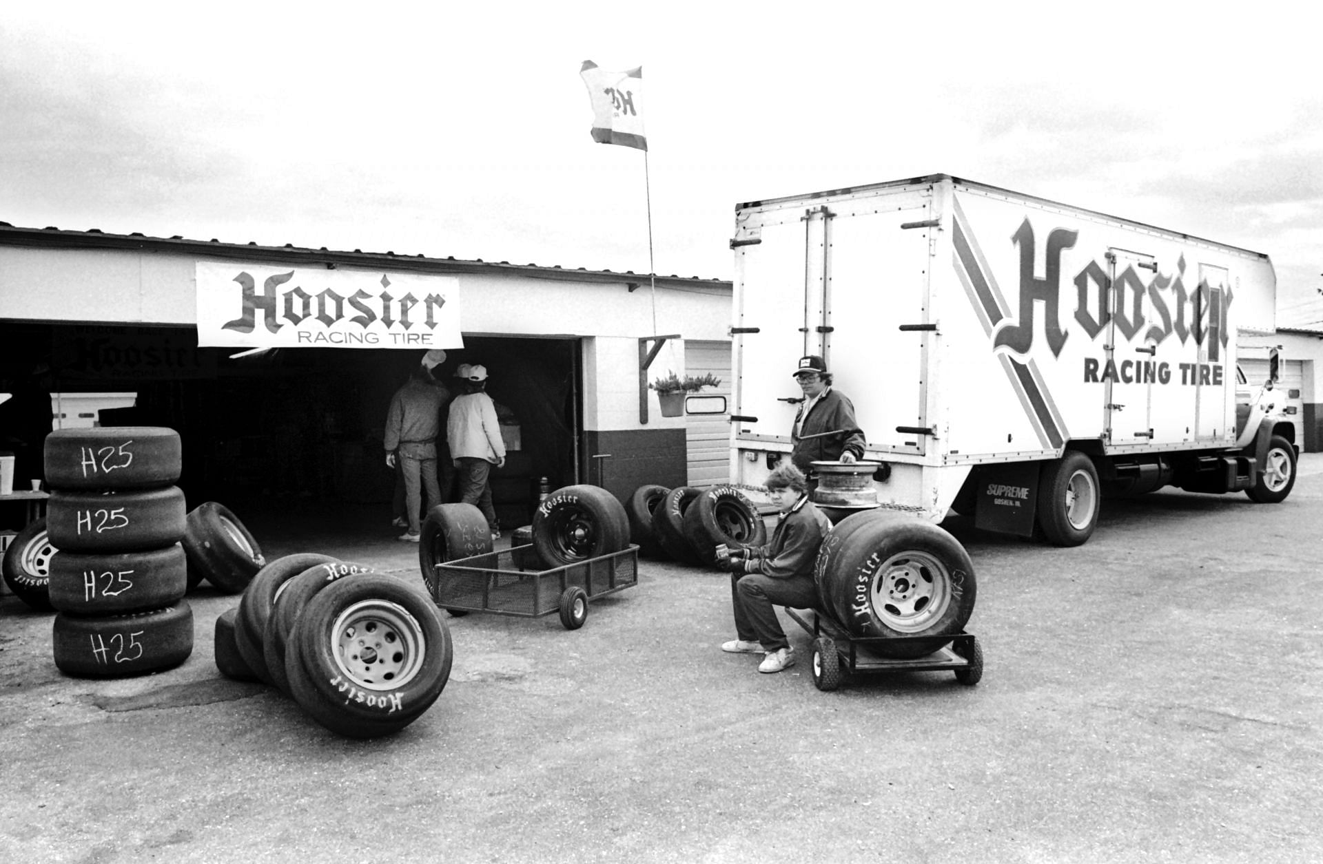  A Hoosier racing tire station set up in the garage at Daytona International Speedway in Daytona Beach, Florida, 1988 - Source: Getty