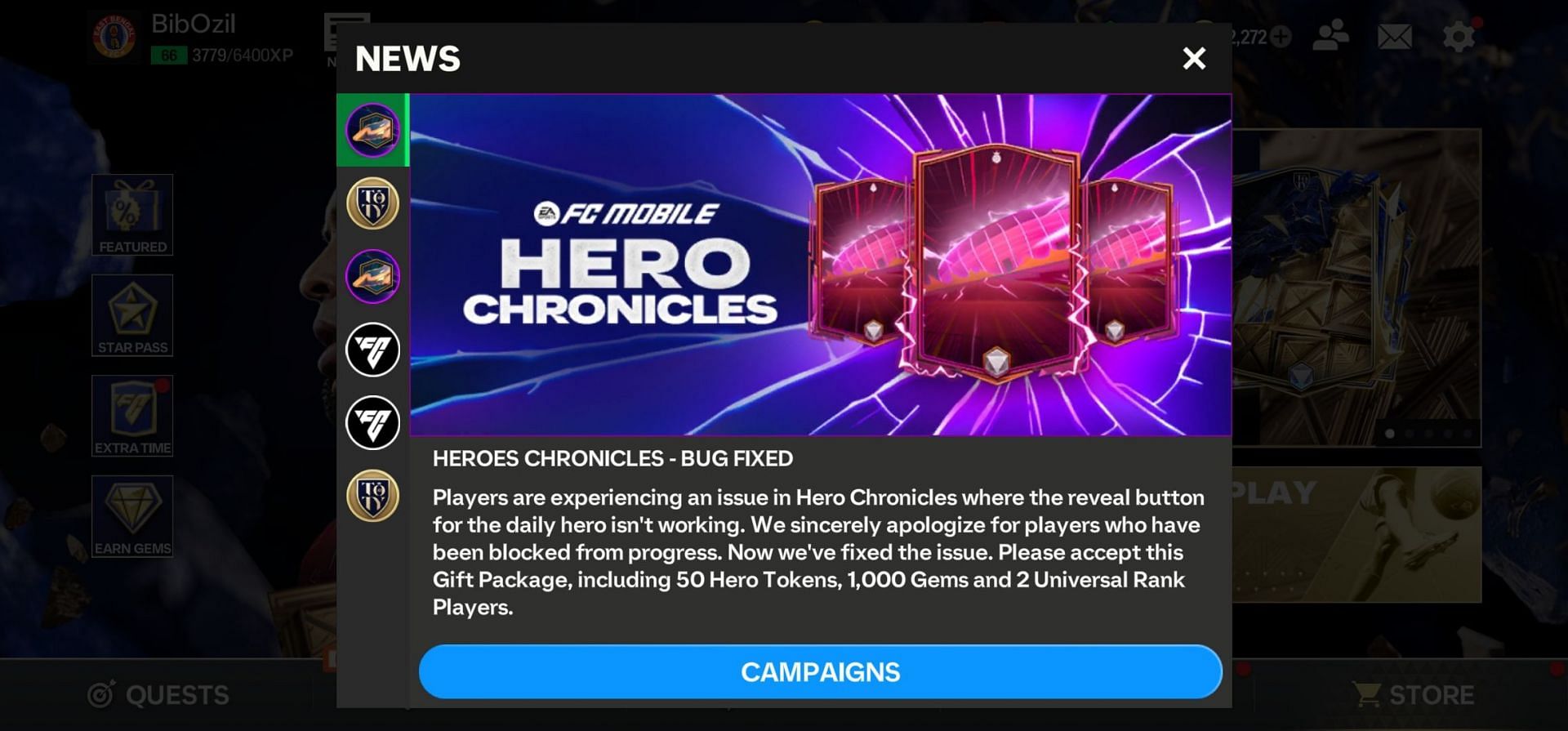 EA FC Mobile Heroes Chronicles glitch&#039;s fix is confirmed by EA through an in-game news pop-up (Image via EA Sports)