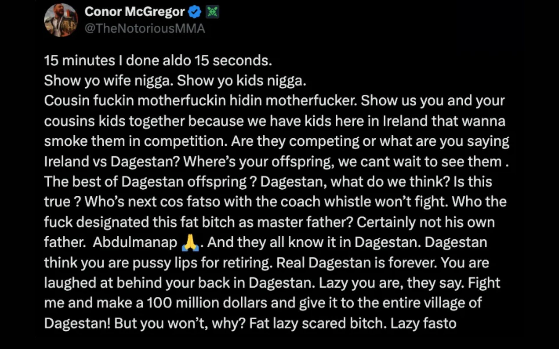 Screenshot of Conor McGregor&rsquo;s now-deleted X post targeting &#039;The Eagle [Screenshot courtesy: @TheNotoriousMMA]