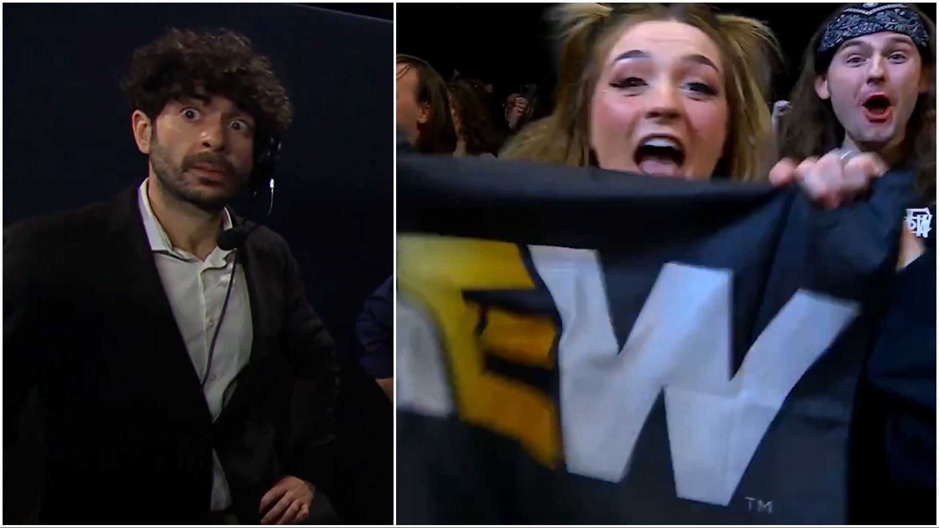 AEW President Tony Khan backstage, AEW fans in the crowd