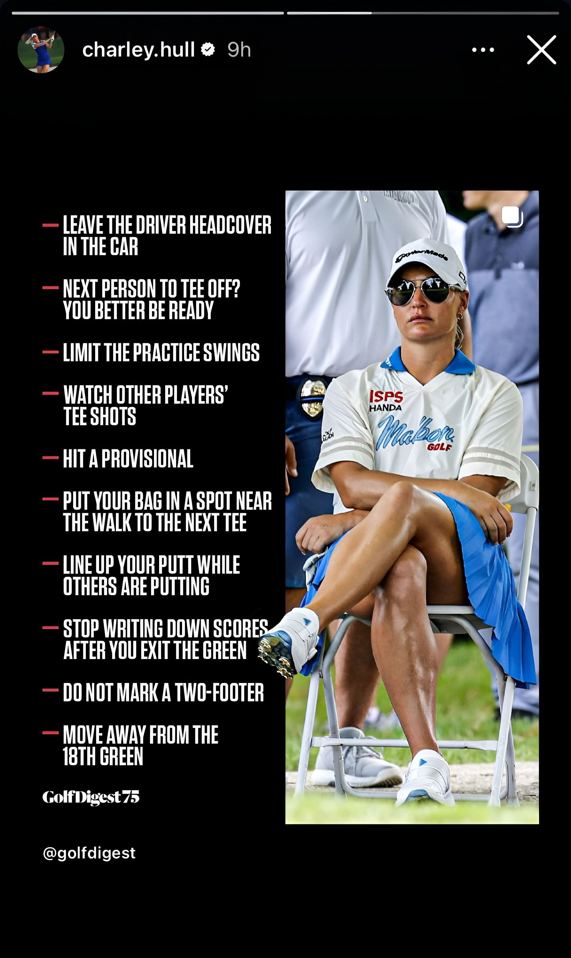 Charley Hull shares the ten rules to speed up the pace of play. Image via Instagram @charley.hull