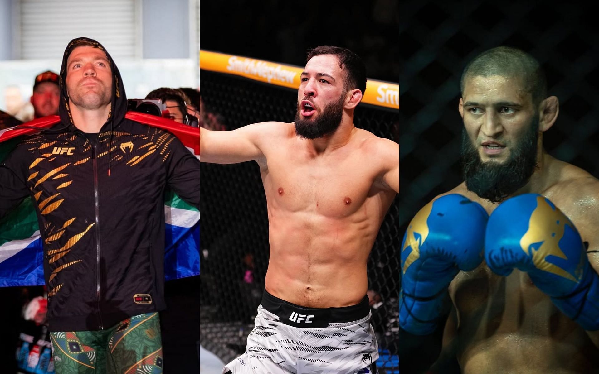 Nassourdine Imavov (middle) calls out Dricus du Plessis (left) for chasing big-money Khamzat Chimaev (right). [Images courtesy: @ufcindia, @ufc and @khamzat_chimaev on Instagram]