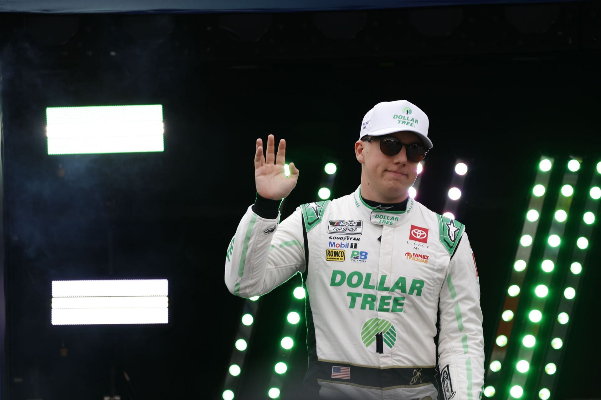 BRISTOL, TN - MARCH 17: John Hunter Nemecheck (#42 Legacy Motor Club Dollar Tree Toyota) waves to the crowd during driver introductions prior to the running of the NASCAR Cup Series Food City 500 on March 17, 2024 at Bristol Motor Speedway in Bristol, TN. (Photo by Jeff Robinson/Icon Sportswire via Getty Images) - Source: Getty