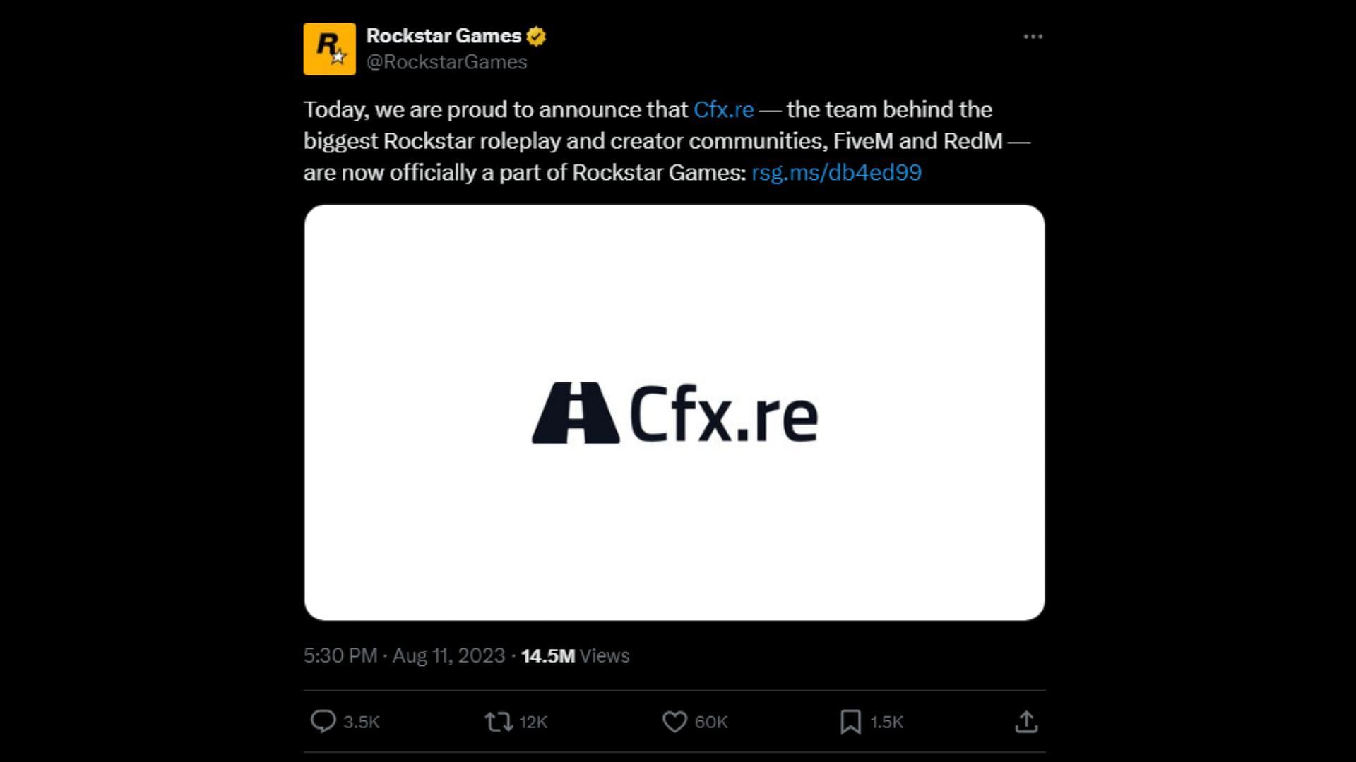 Rockstar&#039;s tweet about acquiring FiveM&#039;s creator Cfx.re (Image via Rockstar Games)