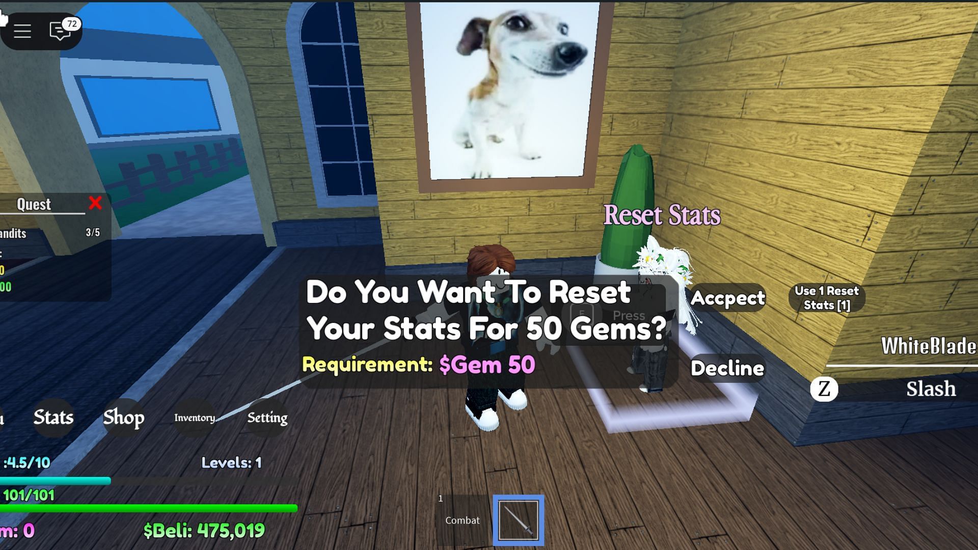 You can use a Stat Reset to regain all allotted stat points (Image via Roblox)