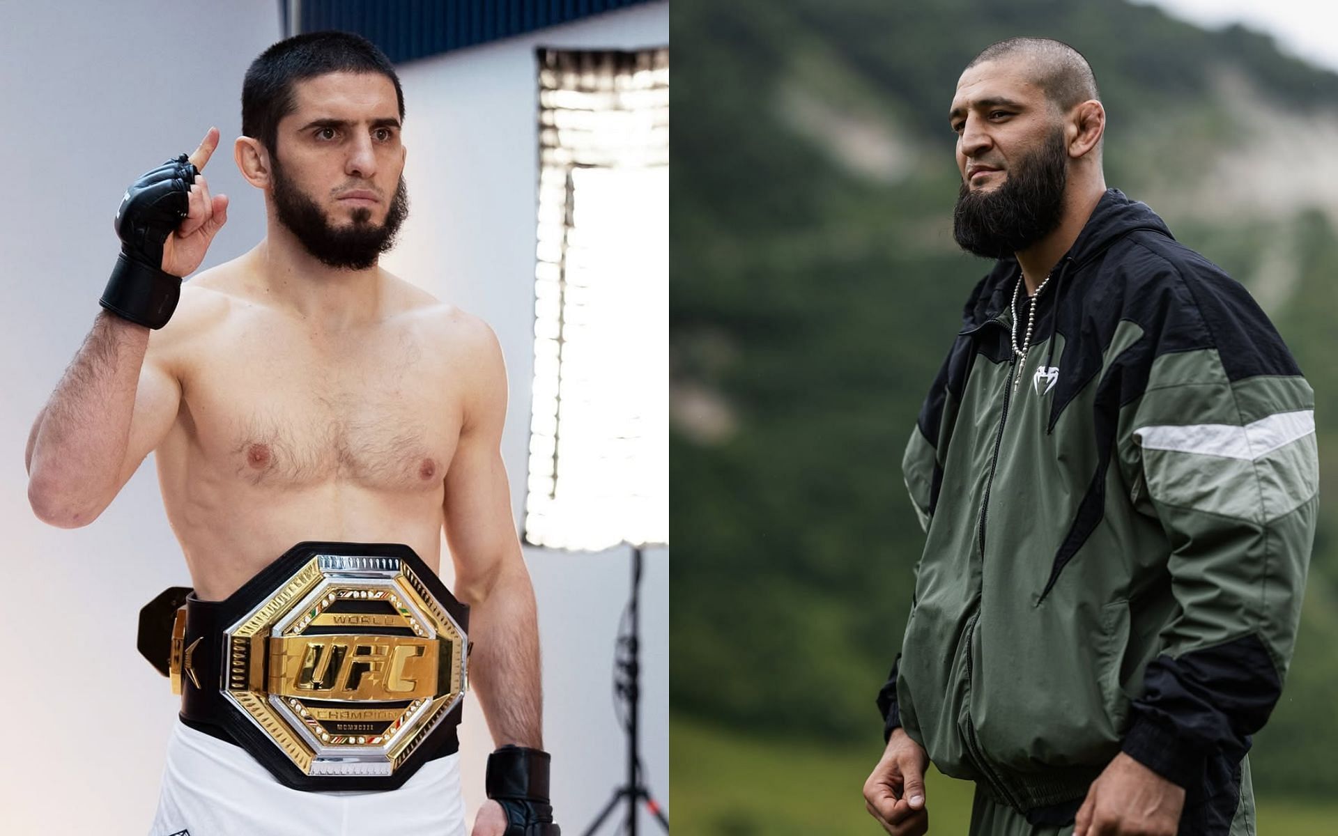 Khamzat Chimaev (right) shuts down Islam Makhachev