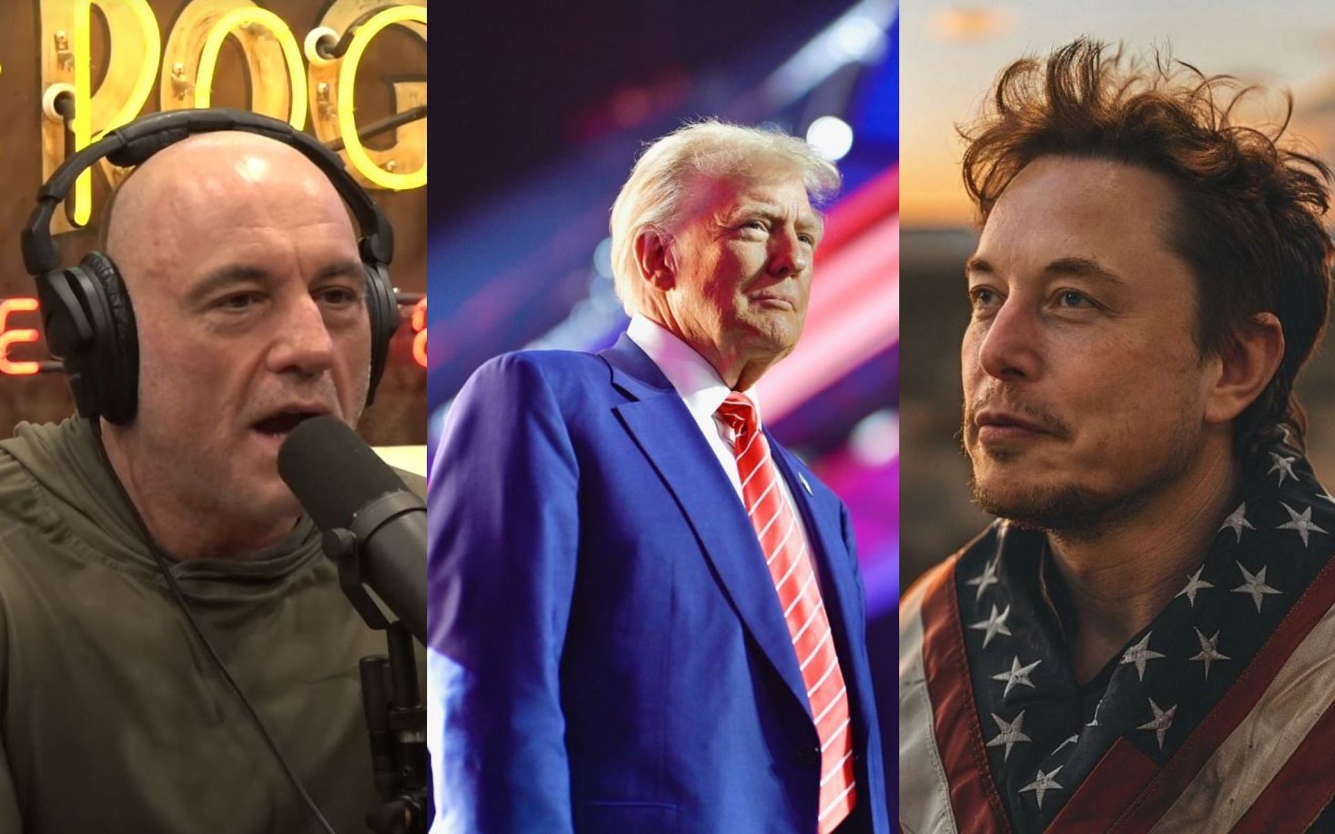 Joe Rogan (left) talks about the change that can happen with Donald Trump (middle) having people like Elon Musk (right in his cabinet. [Image credit: JRE on YouTube, @realdonaldtrump on Instagram, @elonkmusk on X]