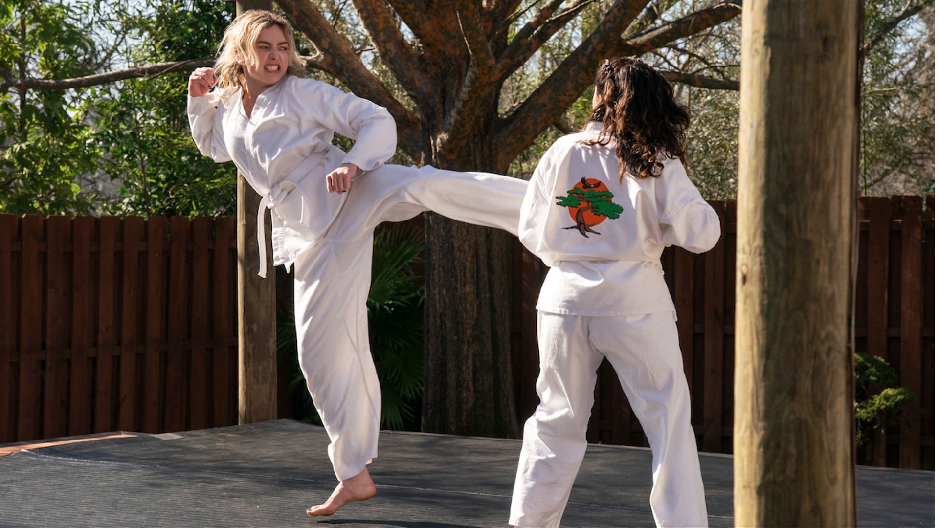 Tory Nichols demonstrates her precision and power during a sparring session with Miyagi-Do. (Image via Netflix Tudum)