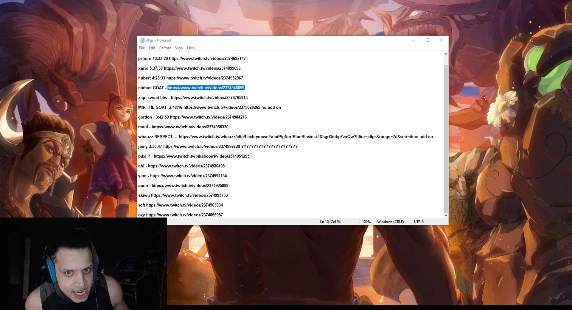 Tyler1 shows a list of OnlyFangs members that he called out following his death while raiding MC (Image via loltyer1/Twitch)