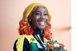 Shelly-Ann Fraser-Pryce rocks all-beige suited-up look after launching her hair care brand in international market