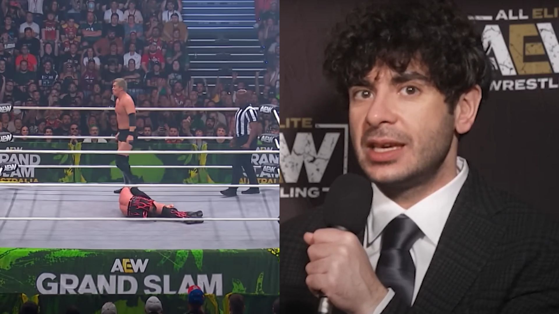 AEW Grand Slam ring (left) and Tony Khan (right). (Image credits: AEW YouTube channel)